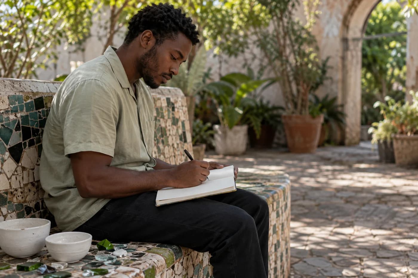 Adult man in a pale sage shirt writing independently in a notebook beside bowls and loose mosaic fragments
