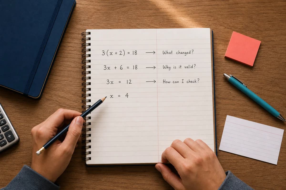 Student annotating an algebra solution with questions about each mathematical step