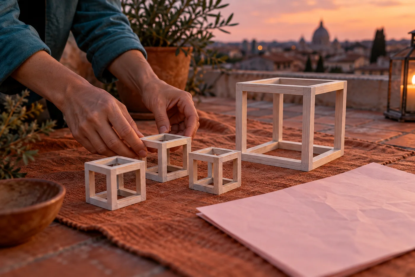 Adult hands in teal sleeves arranging small pale wooden cube frames beside a larger frame on a rooftop work mat