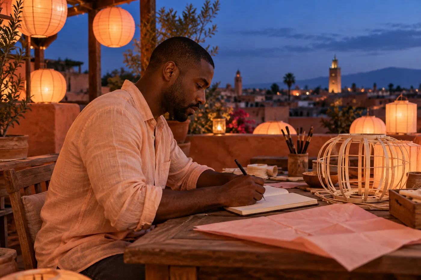 Adult Black man in a peach linen shirt writing independently in a notebook beside pink paper and a lantern frame on a rooftop at dusk