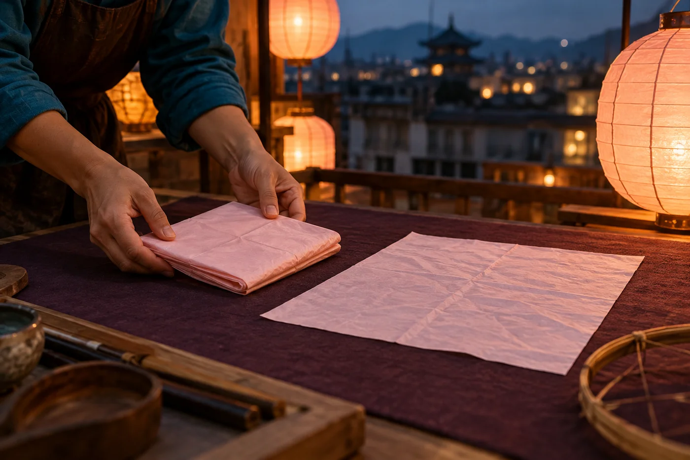 Adult hands in teal sleeves holding a folded pink paper packet beside a separate flat pink sheet under warm rooftop lanterns