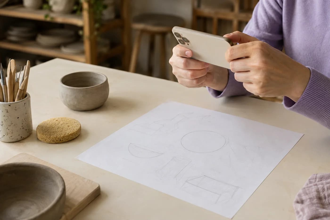 Adult hands hold the back of a plain phone above a single sheet on an ivory ceramics table; the screen is not visible