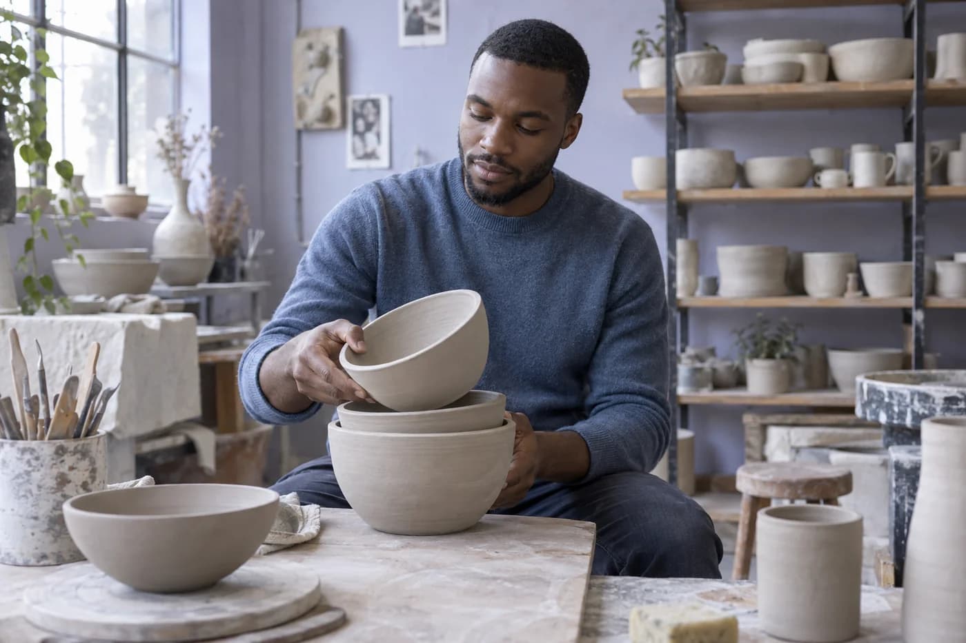 Young adult Black man in a slate-blue sweater lifts an unglazed bowl from a stack while seated in a lavender ceramics workshop