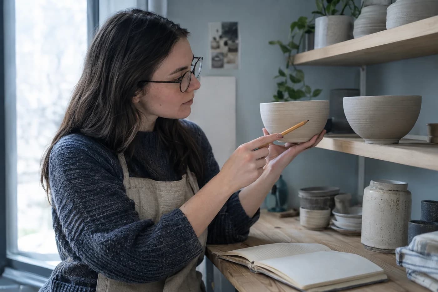 Young adult woman with dark hair and glasses compares two unglazed bowls using a pencil beside an open notebook in a ceramics studio
