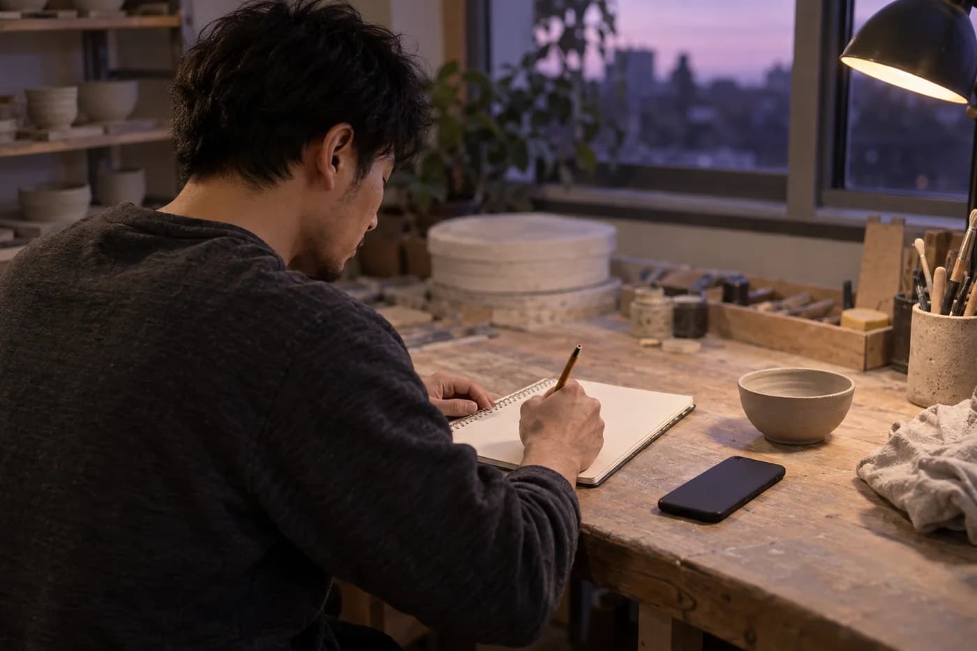Adult East Asian man writes independently at a ceramics workbench with a dark-screen phone set away from his notebook