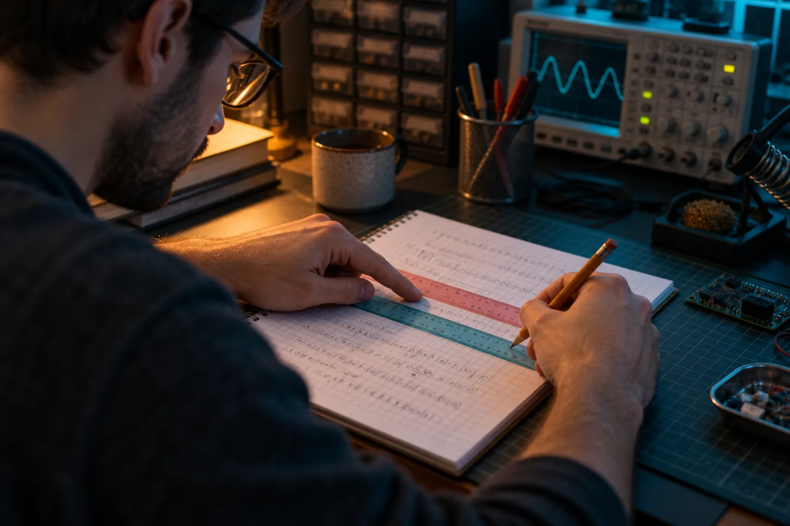 Ein erwachsener Lernender prüft handschriftliche Rechnungen mit einem Lineal Zeile für Zeile