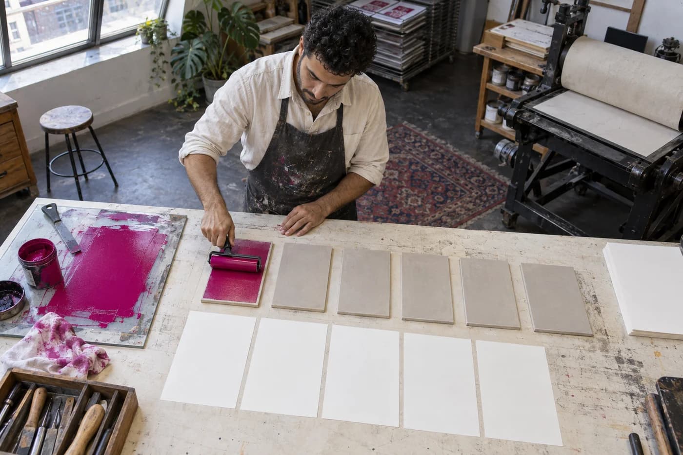 Voksen mand i hvid arbejdsskjorte ruller magenta trykfarve over umærkede trykklodser ved et stort bord i et grafisk værksted