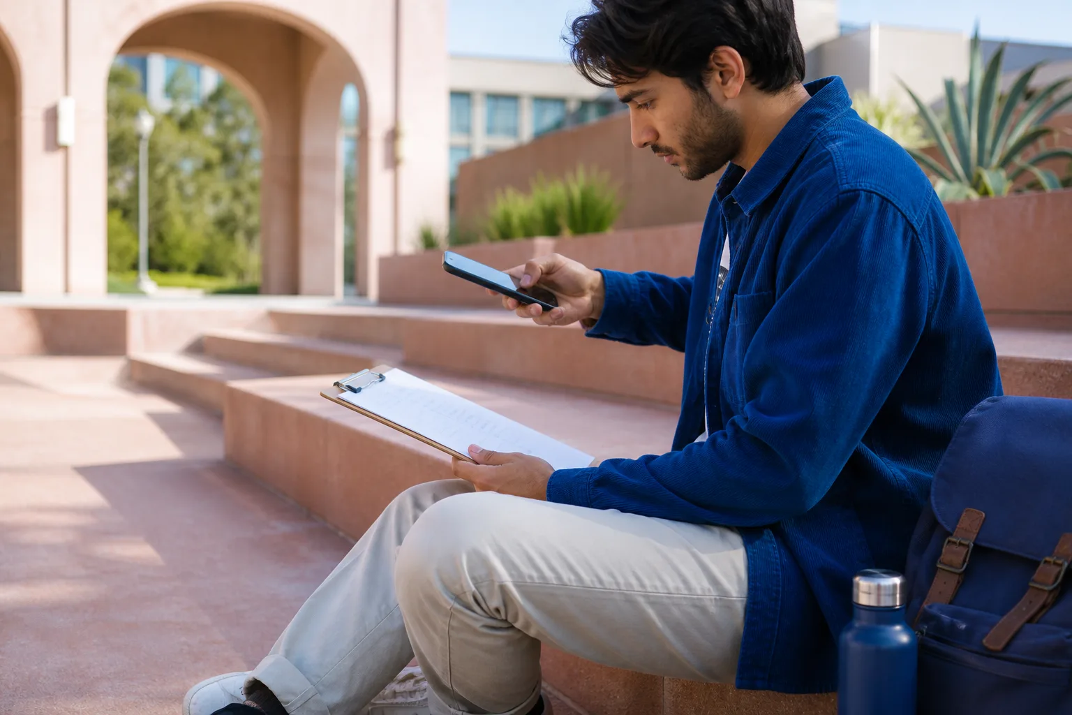 大学の屋外階段で代数のプリントをスマートフォンで撮影する成人学習者