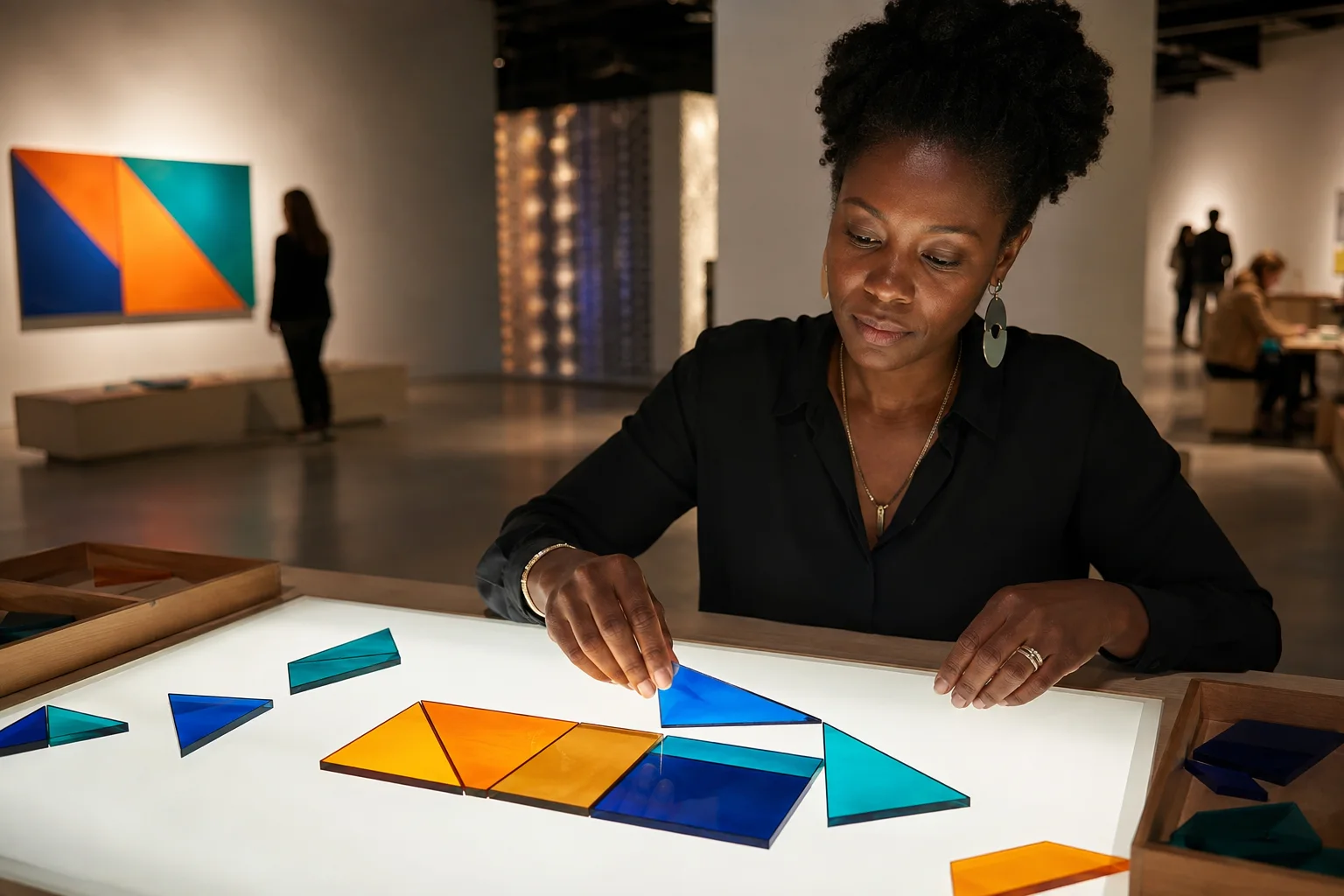 Apprenant adulte décomposant un polygone irrégulier avec des triangles et des rectangles translucides