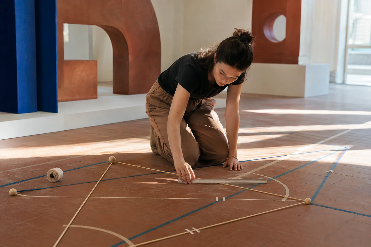 Adult learner measuring a large geometric floor installation instead of judging the shapes by sight