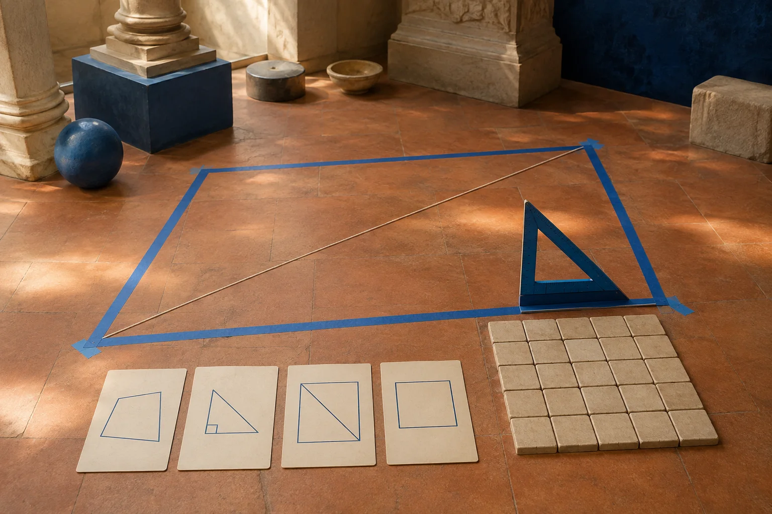 Geometric floor figure with a measuring string, set square, unit tiles, and verification cards