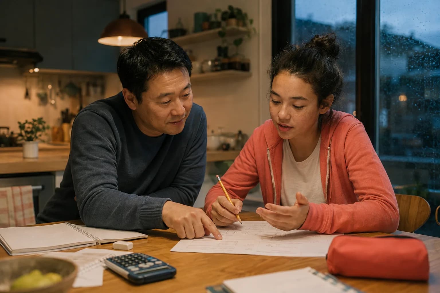 Father listening while his teenage daughter explains her math homework at a kitchen table