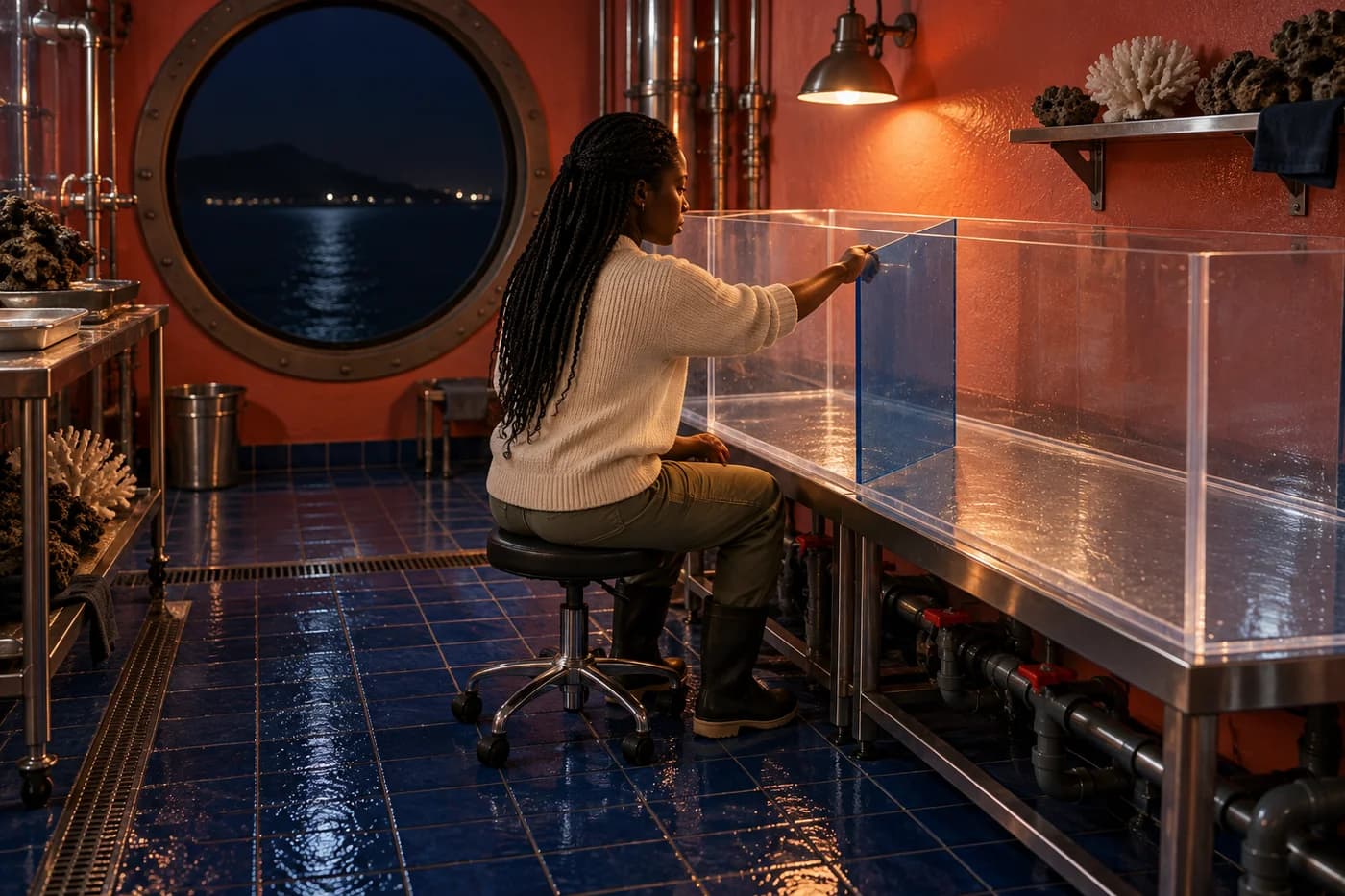 Joven adulta negra con trenzas y jersey crema moviendo un separador de vidrio azul en un tanque acrílico en una sala coral de mantenimiento de acuarios
