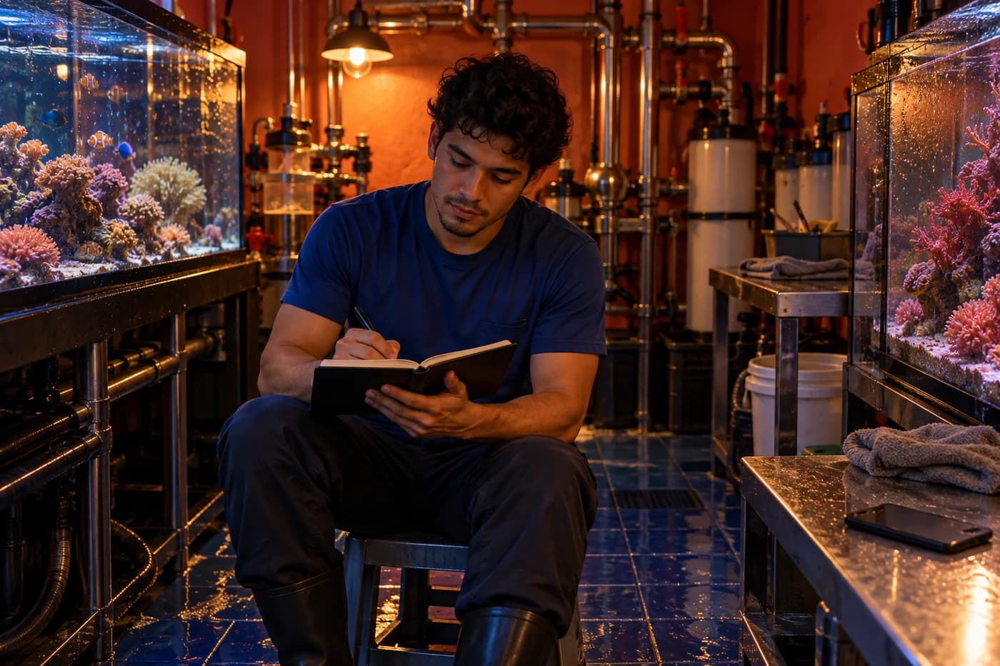 Joven adulto latino con camisa cobalto escribiendo solo en un cuaderno en una sala de mantenimiento de acuarios