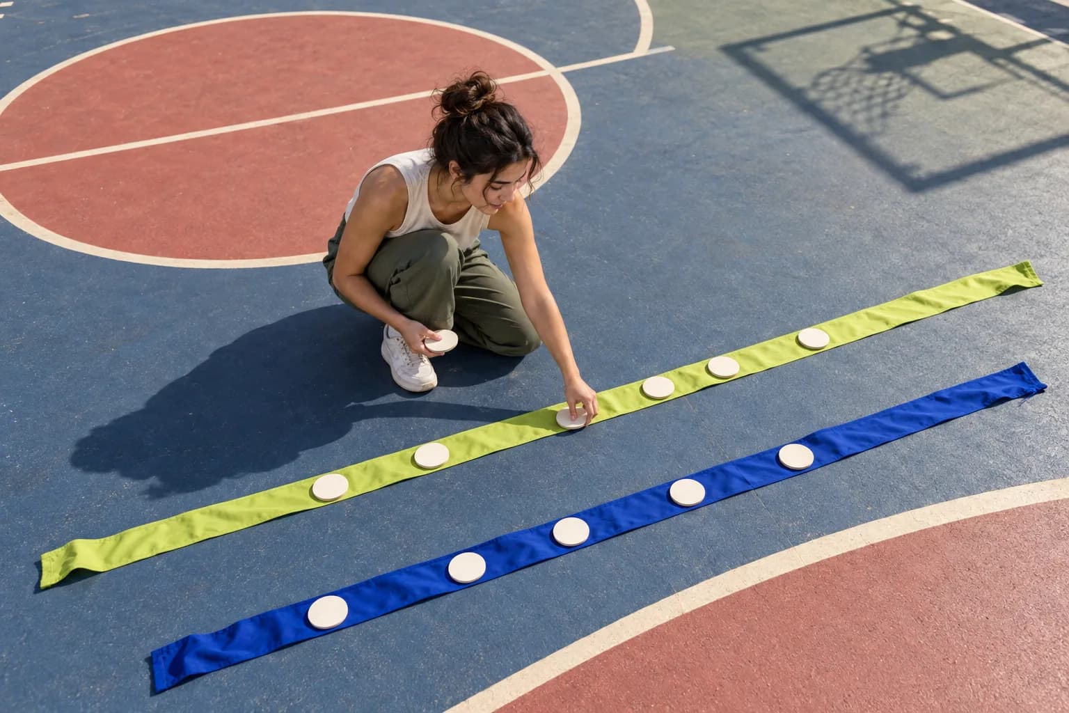Jonge volwassene legt op een zonnig blauw basketbalveld blanco schijfjes langs een limegroen en blauw lint om volgorde te onderzoeken