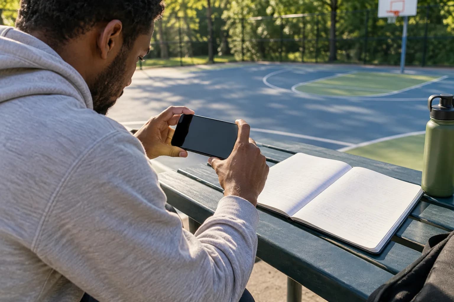 Volwassen student kadreert een volledig open schrift op een bankje bij het basketbalveld met een telefoon waarvan het scherm zwart blijft