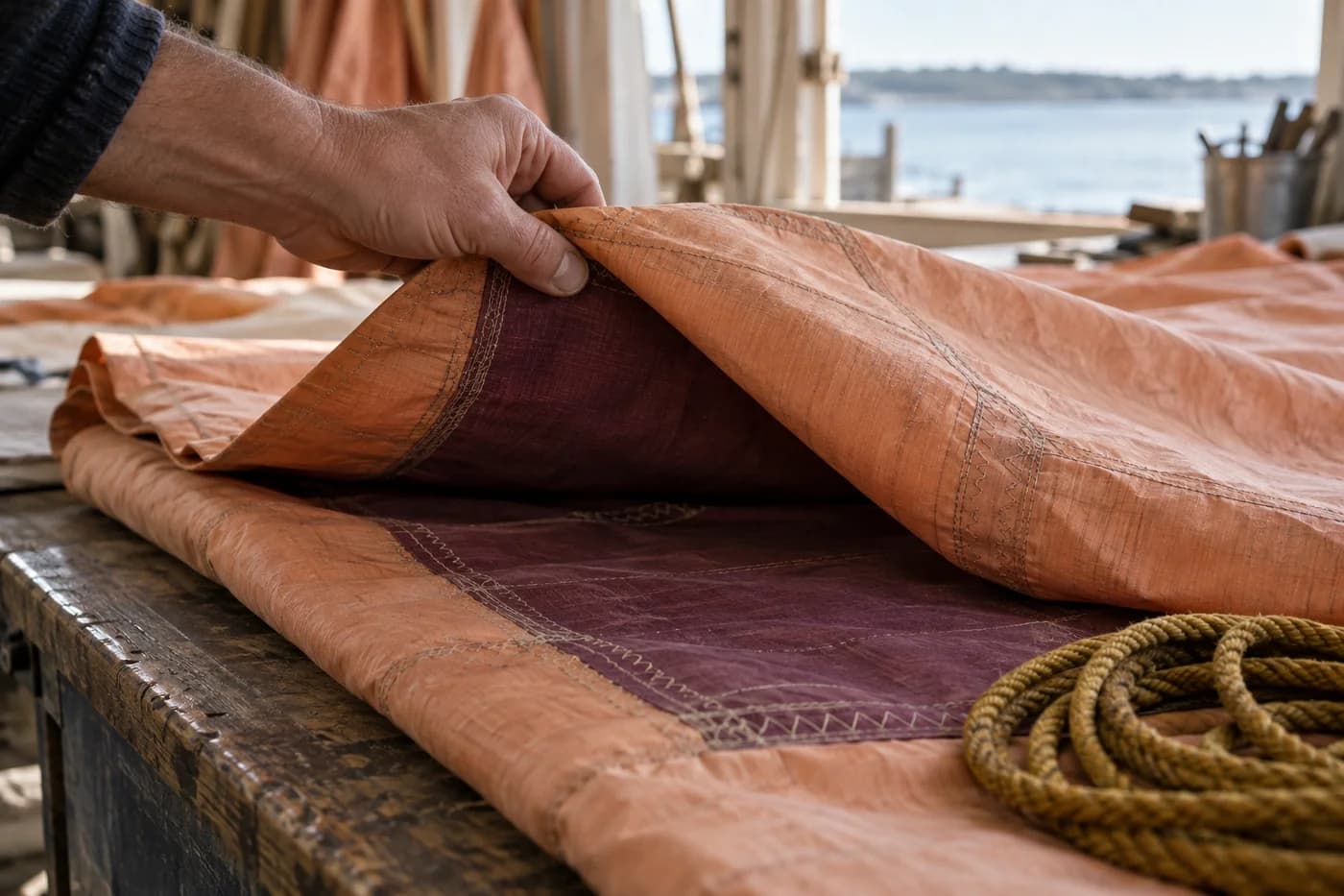 Une main adulte soulève un pli de toile pêche et révèle une bande de tissu prune tandis qu’un autre pli reste couvert