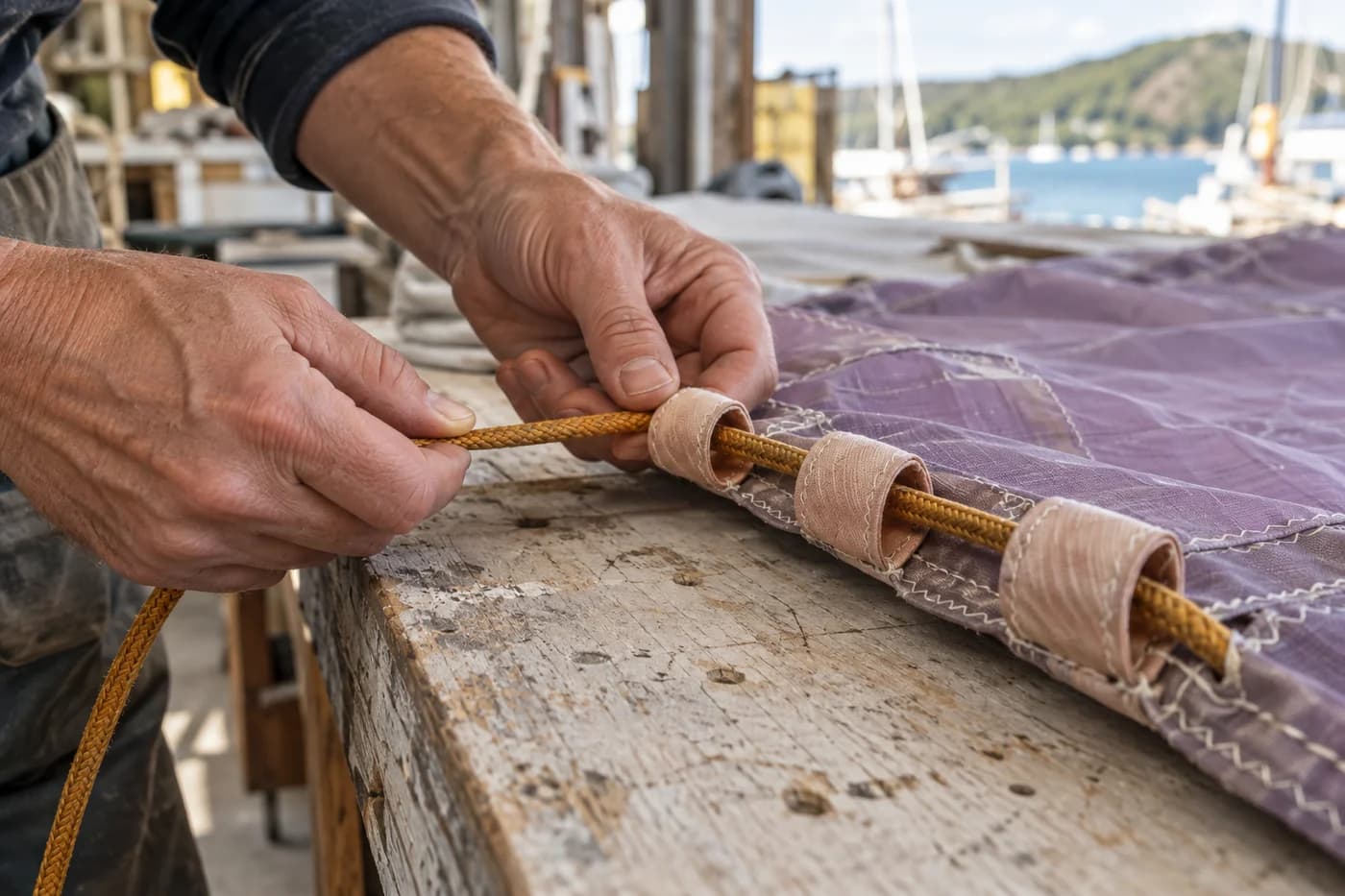 Gros plan de mains adultes retirant une corde ocre de trois boucles de toile pêche sur un établi en bois clair