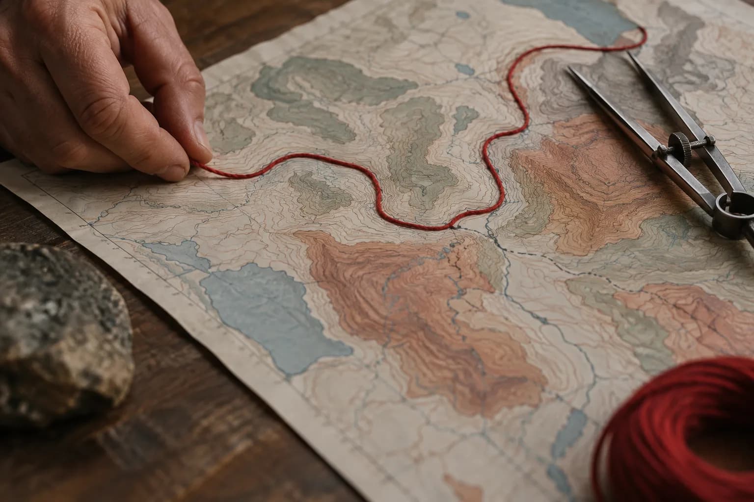 Un fil rouge suit les courbes d'un chemin sur une carte papier à courbes de niveau