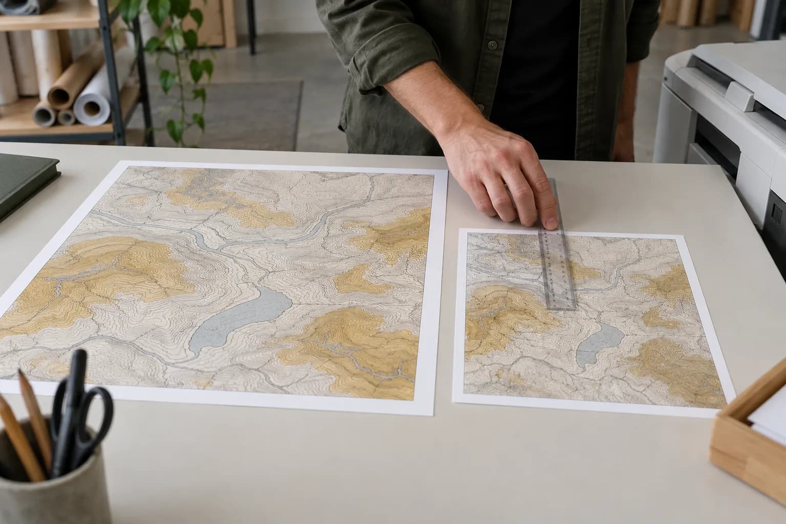Deux impressions de tailles différentes de la même carte fictive sont comparées près d'une photocopieuse