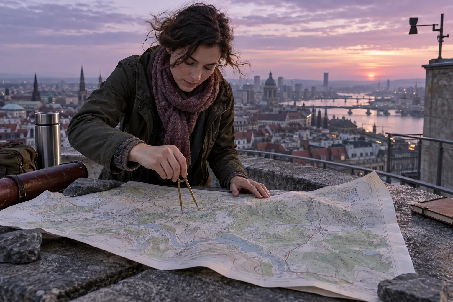 Une adulte mesure une carte topographique dépliée avec un compas à pointes sur un toit à l'aube