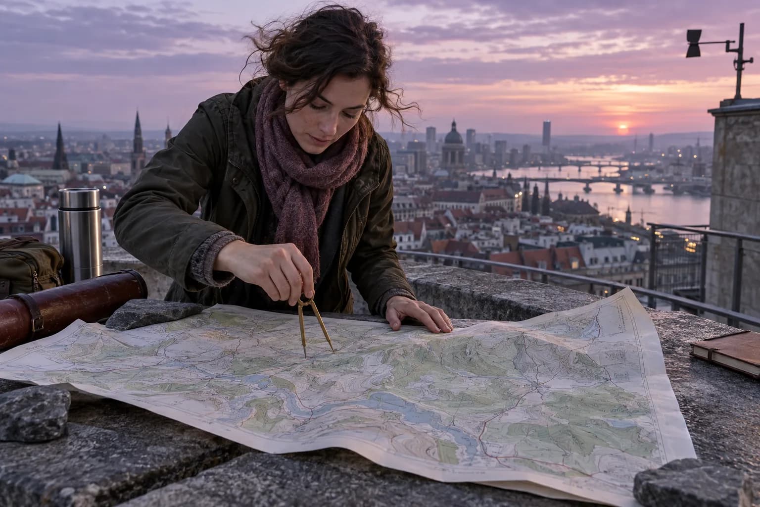 Adult cartography learner uses brass dividers on a folded topographic map above a city at dawn