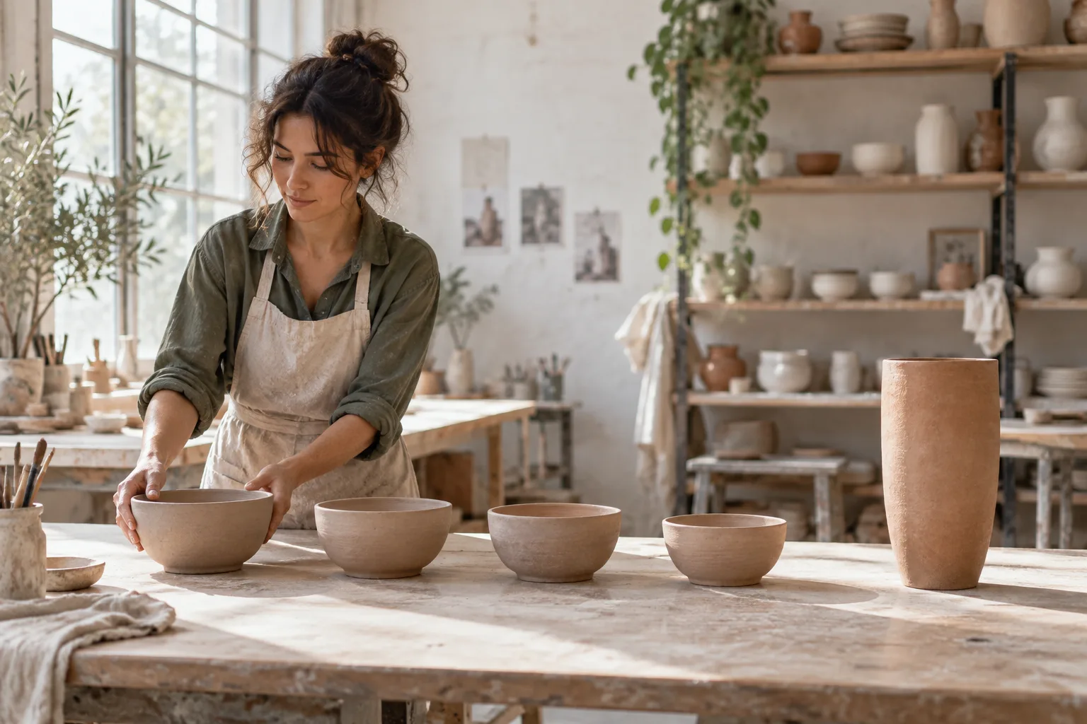 Adult ceramicist arranges four low clay bowls and one tall vessel on a sunlit studio table