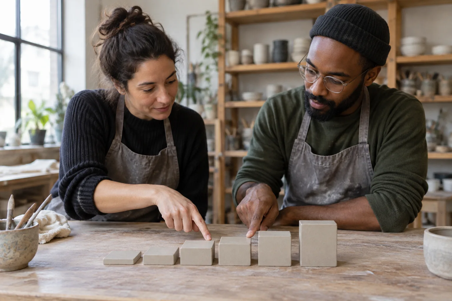 Two adult learners point to the central pair among six ordered clay tiles