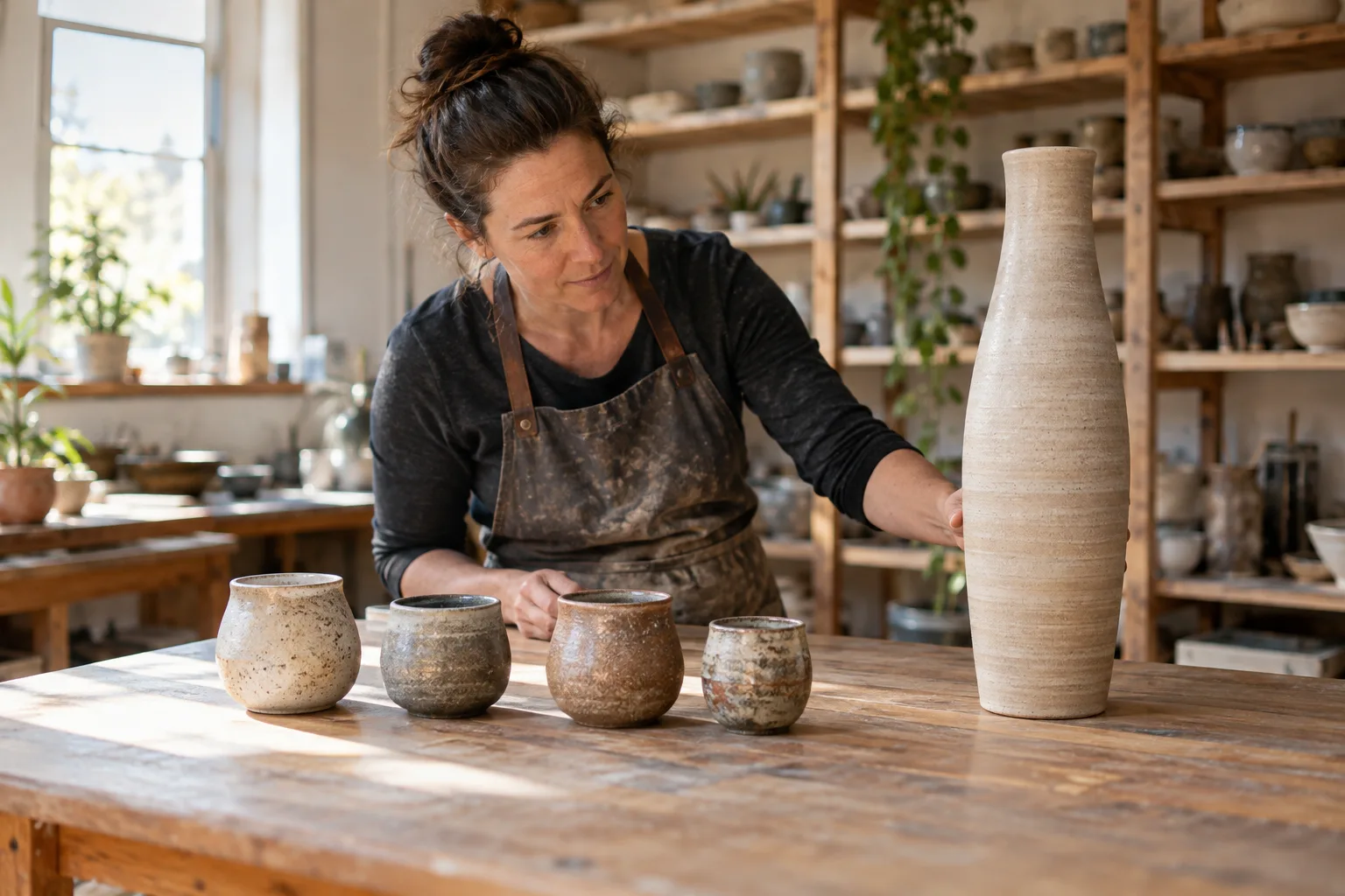 Adult ceramicist compares four modest vessels with one unusually tall vase in a bright studio