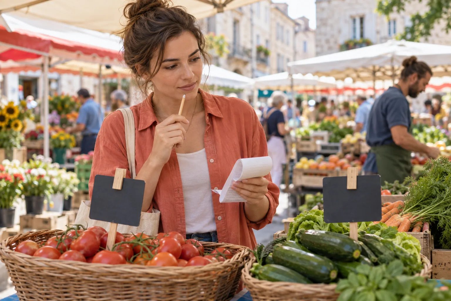 Adult market manager compares two blank price cards and a receipt among produce stalls to reason about percentage change
