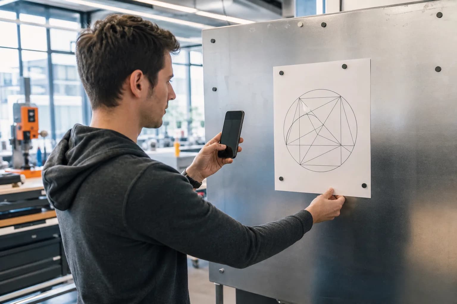 Studente adulto che allinea la fotocamera con un diagramma geometrico completo