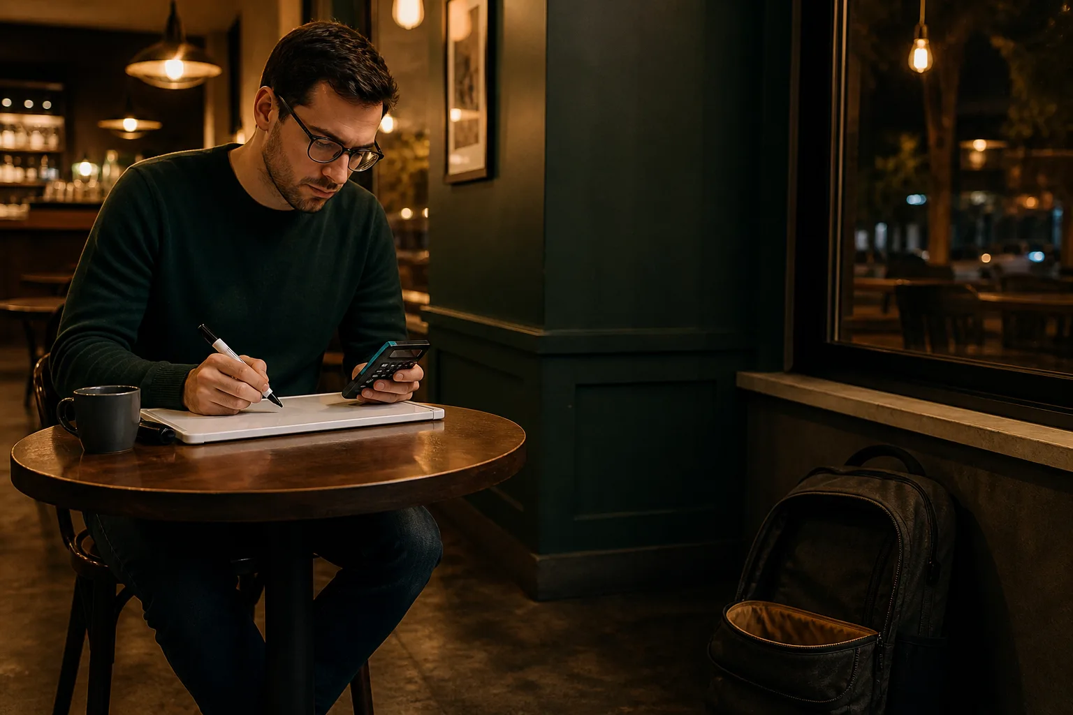 Adulto che svolge un nuovo esercizio in autonomia in un caffè con il telefono riposto