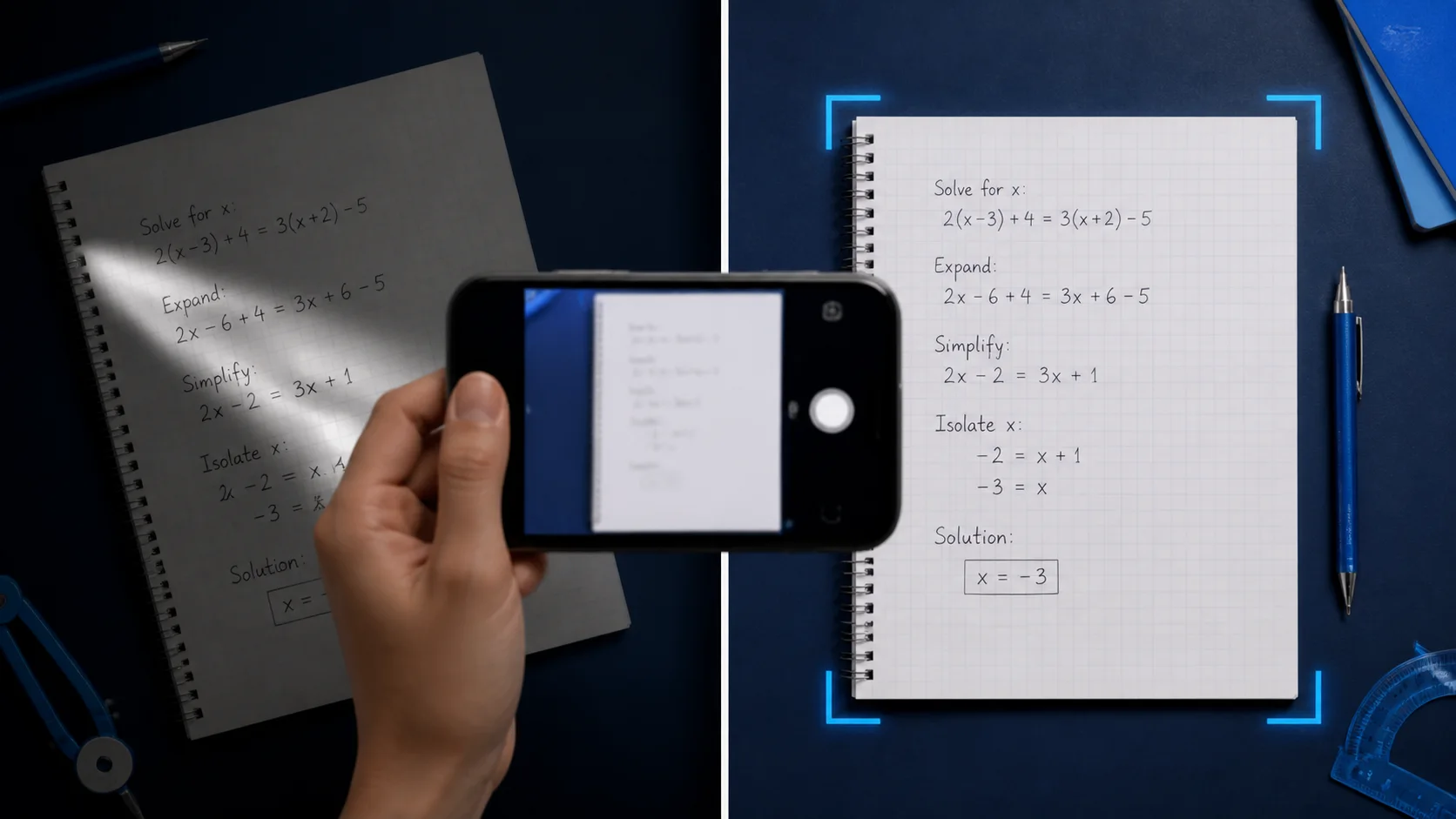 Página de tareas nítida y con luz uniforme preparada para un escaneo preciso de matemáticas por foto