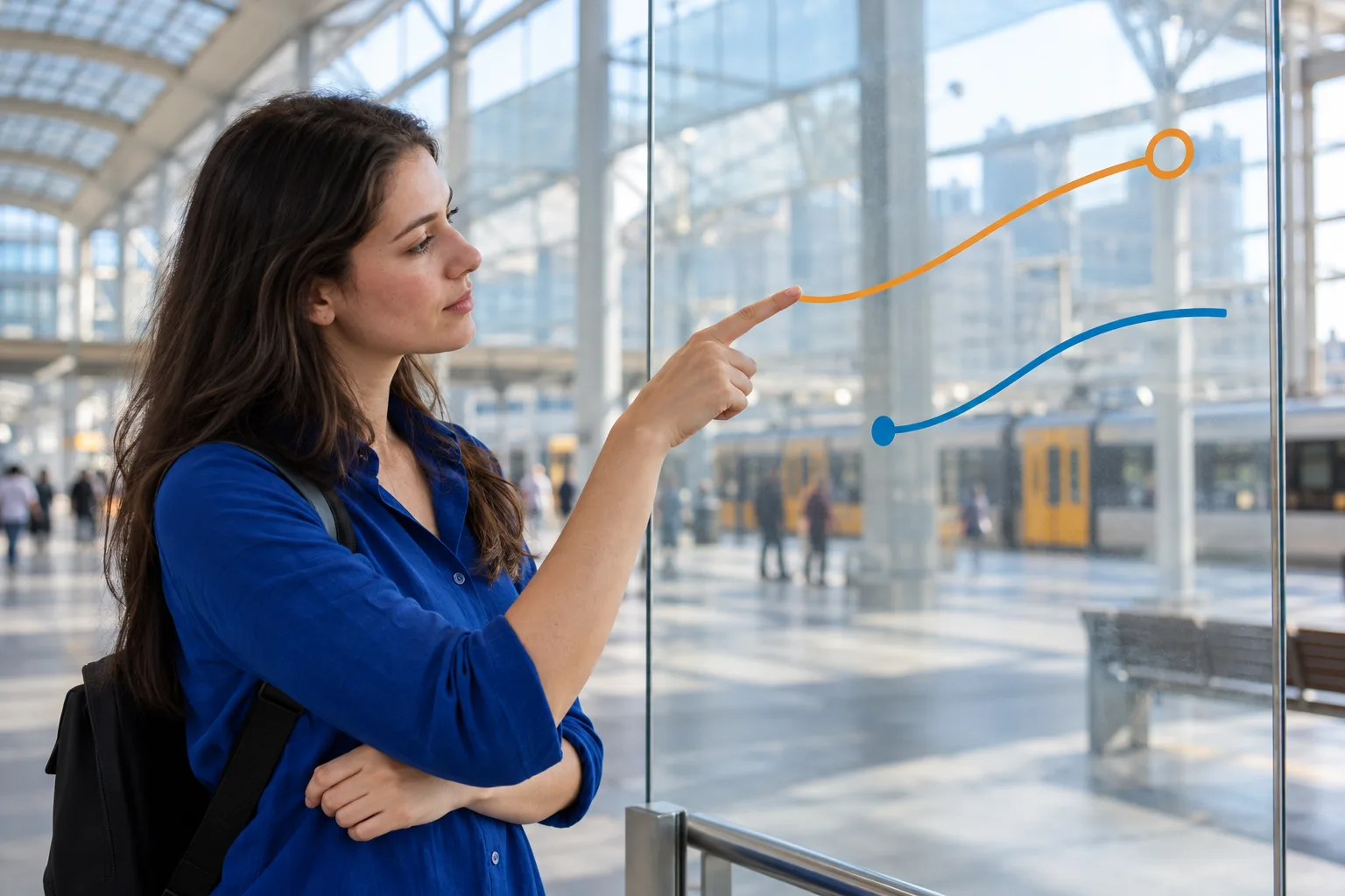 Adult learner points to two separate abstract graph branches on a clear board in a station