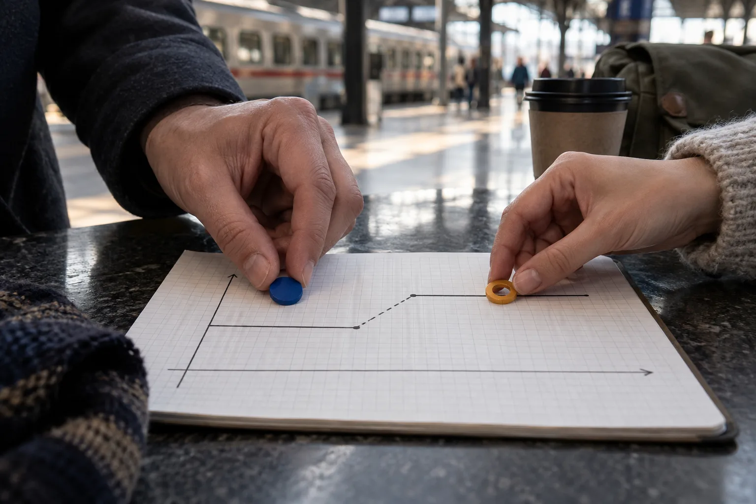 Adult hands place a filled blue marker and hollow amber ring on separate graph-paper endpoints