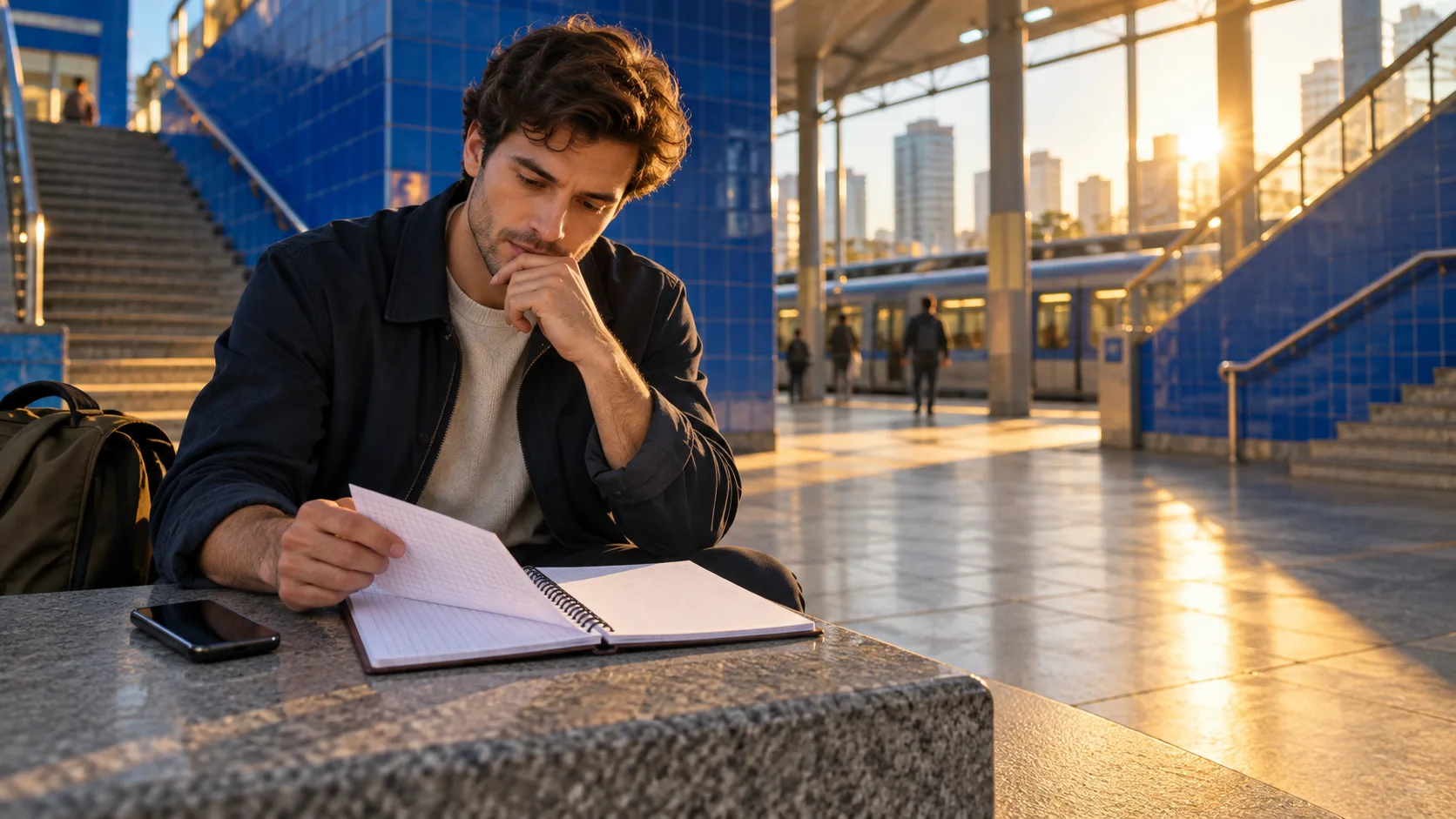 Adult learner studies a graph notebook at a blue-tiled city station in warm evening light