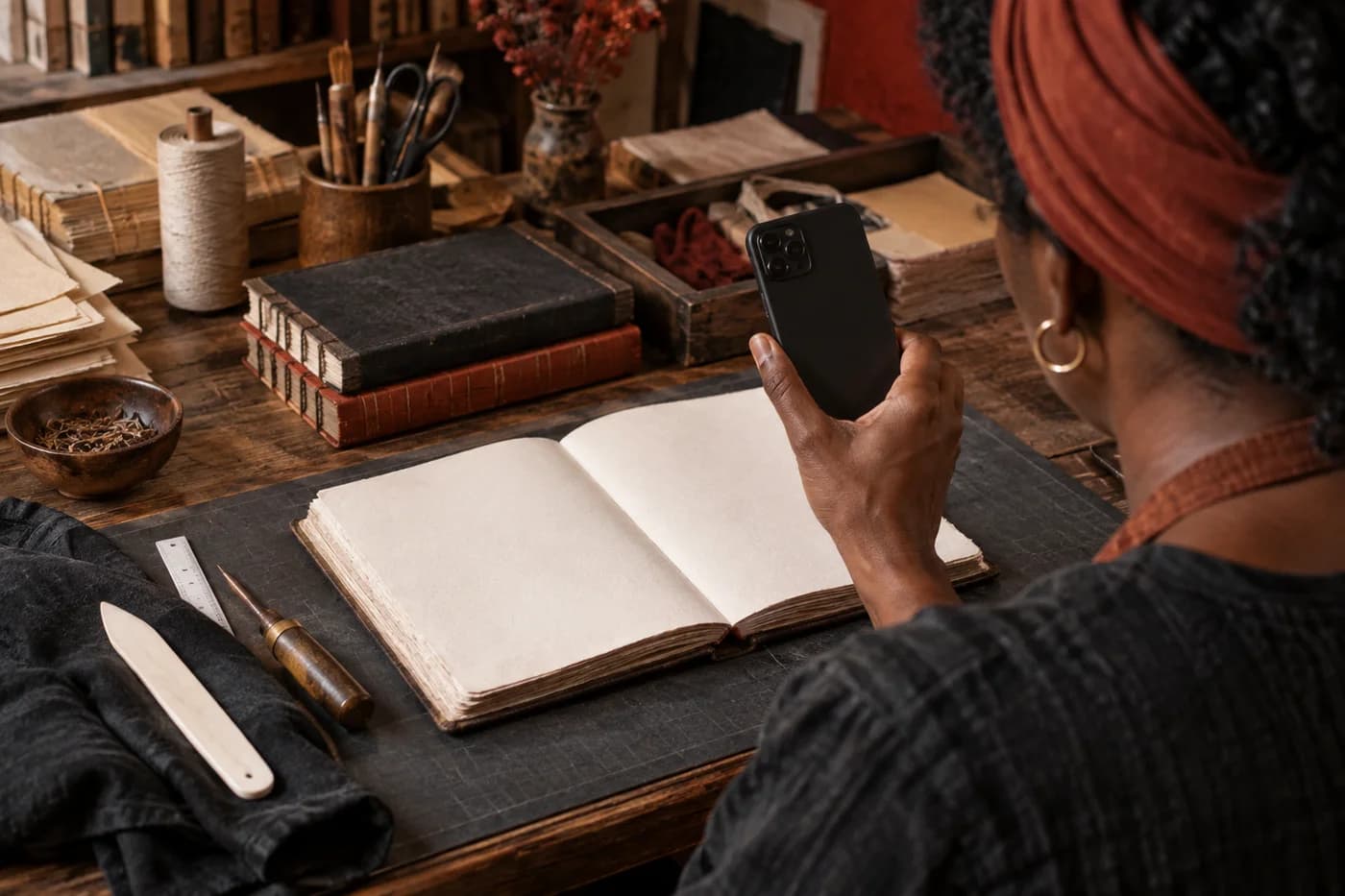 Adult Black woman photographing a complete open notebook beside bookbinding tools with the phone screen hidden