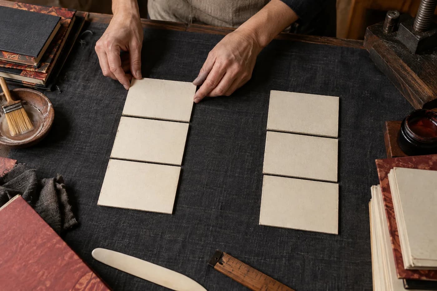 Adult hands aligning cream book boards in columns on charcoal linen with an empty space between groups
