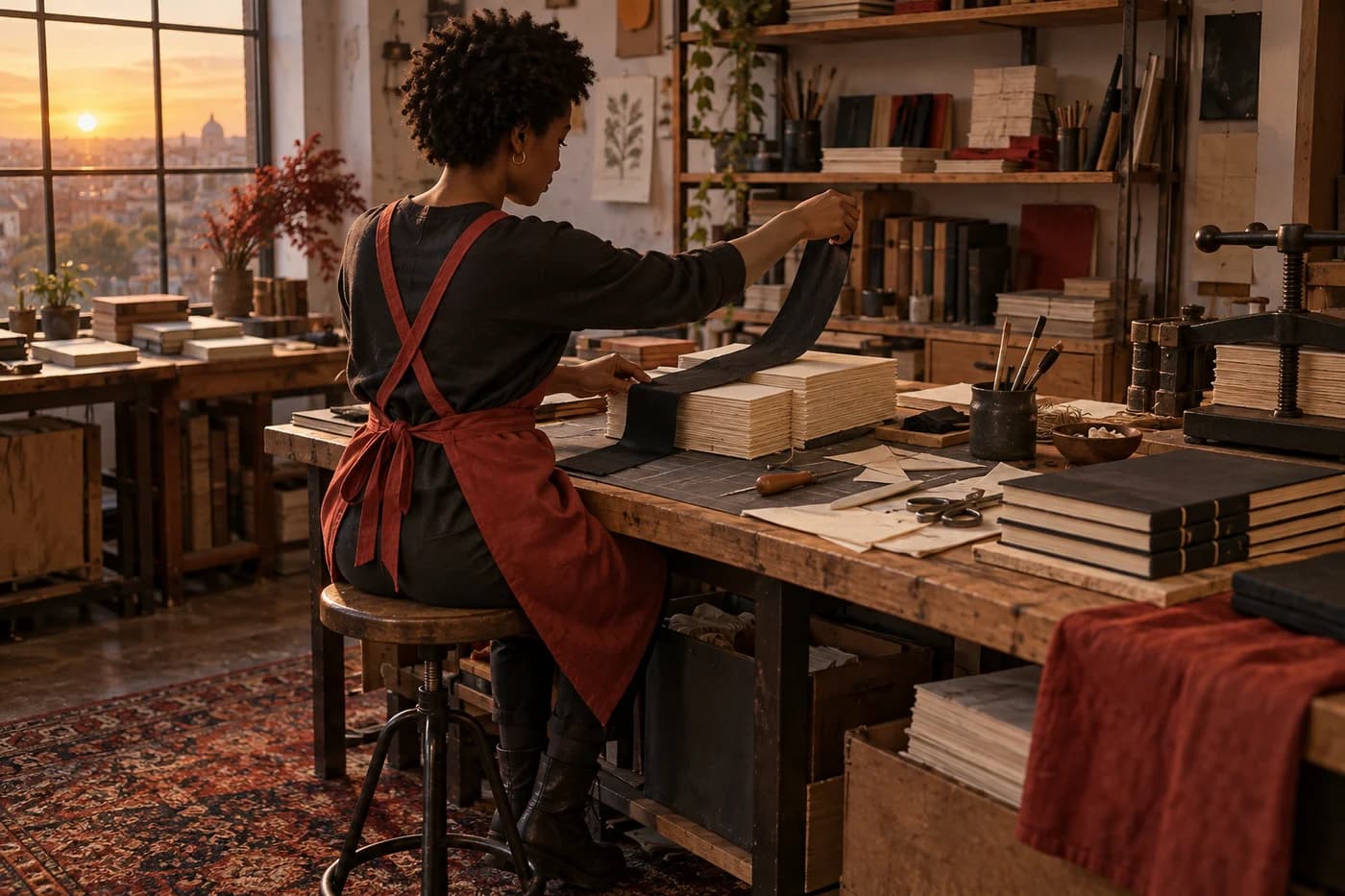 Young adult Black woman in a vermilion apron pulling black binding cloth beside cream book boards in a charcoal bookbinding workshop