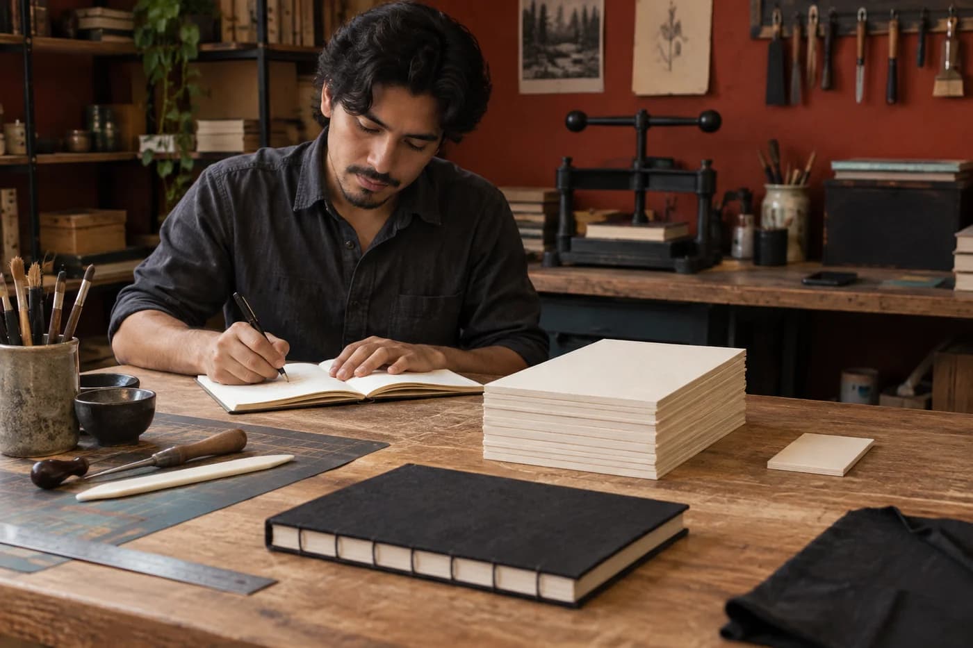 Young adult Latino man writing independently in a notebook beside a stack of cream book boards and a separate small offcut