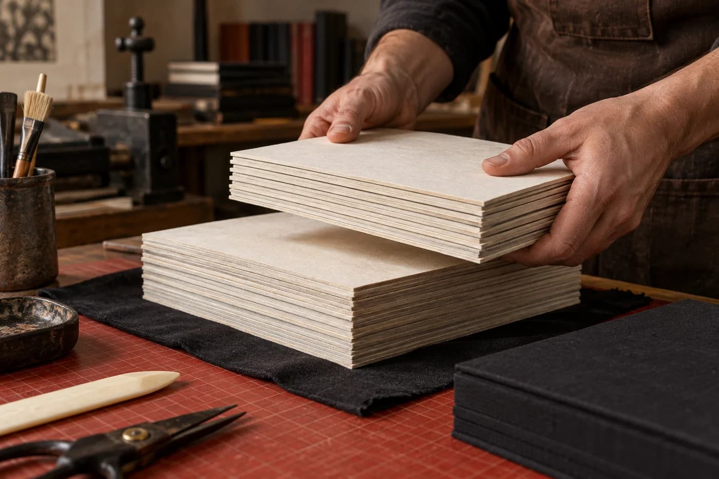 Adult hands lifting a complete bundle of cream book boards from a larger stack above a vermilion work mat