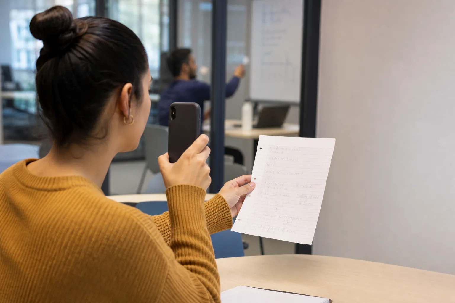 別の成人が写らないよう数学プリントを無地の壁へ向け直す成人学生