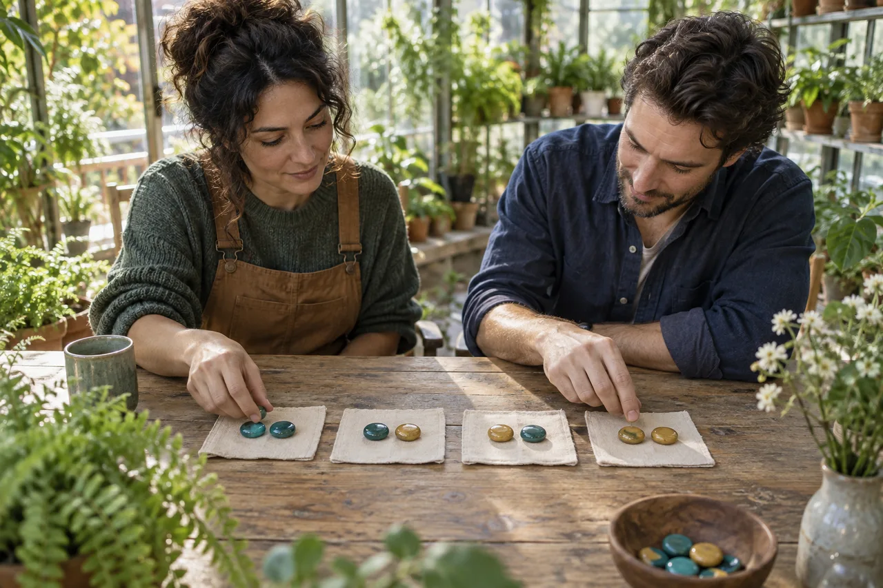 Two adult learners arrange ceramic counter pairs to compare four possible two-draw color sequences