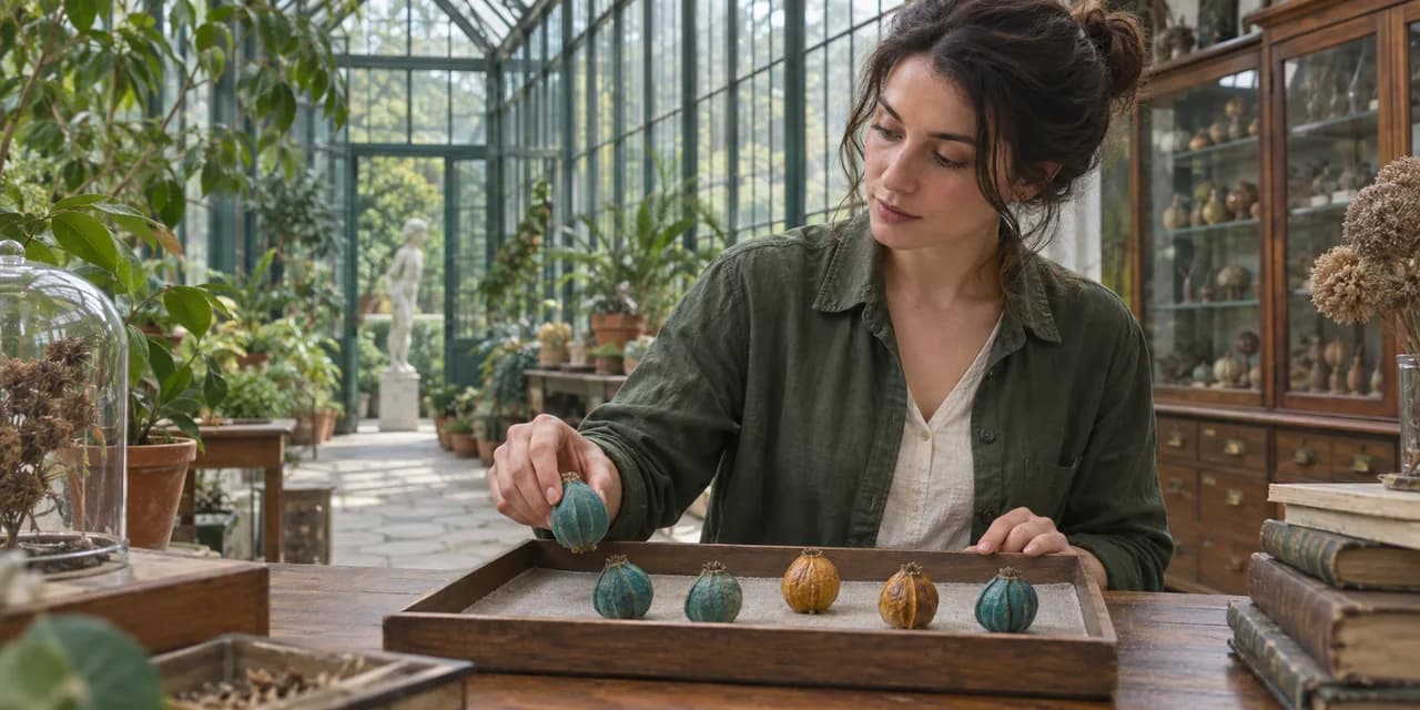 Adult botanist selecting a colored seed pod from a tray in a glass conservatory to illustrate a draw without replacement