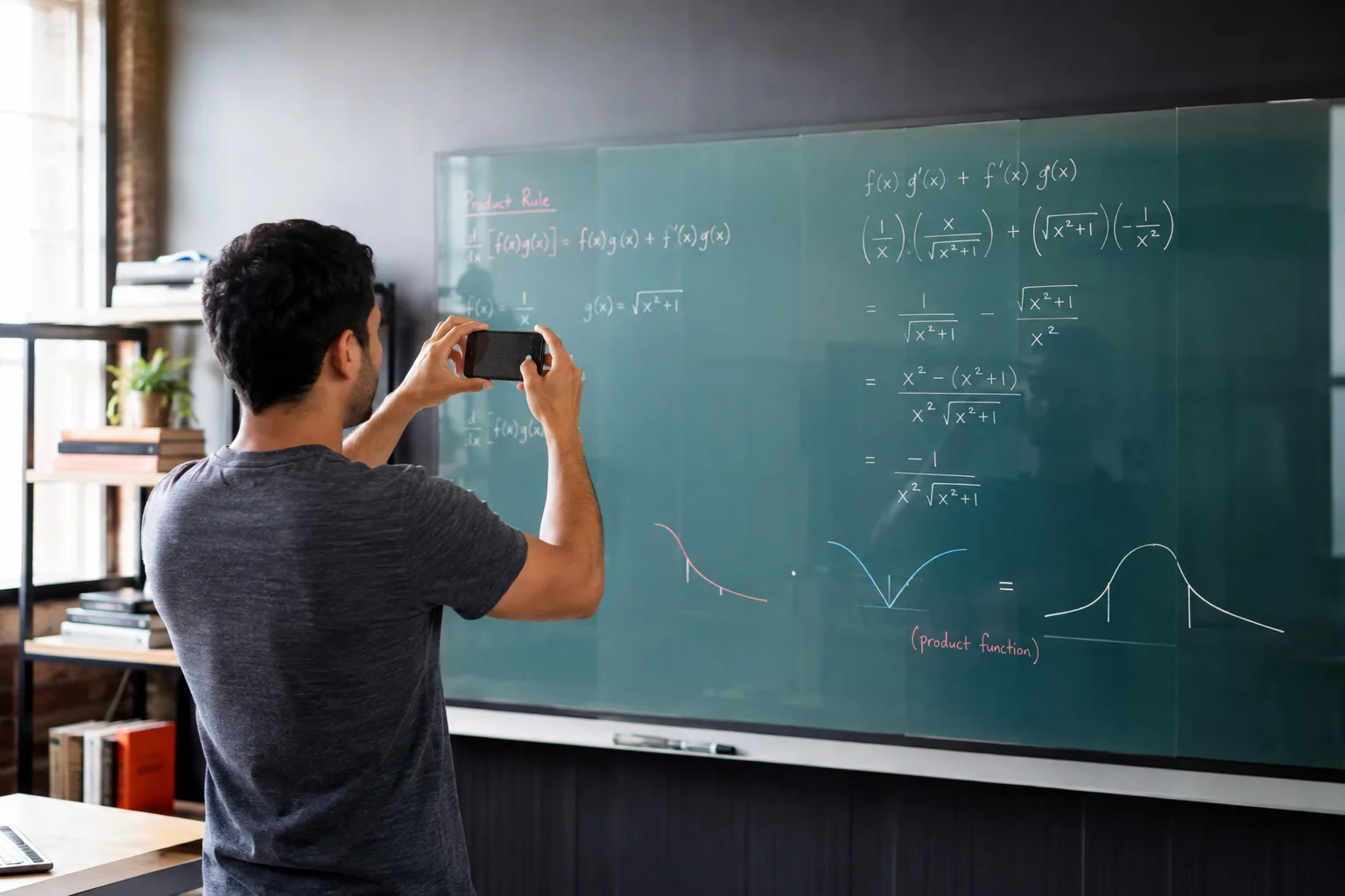Adult learner photographing a complete product rule problem on a glass board