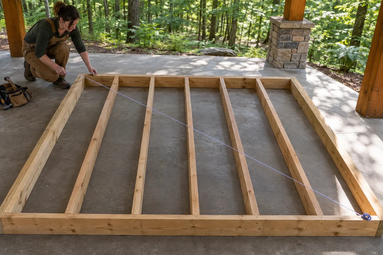 Una carpintera tiende una cuerda entre esquinas opuestas de un bastidor rectangular