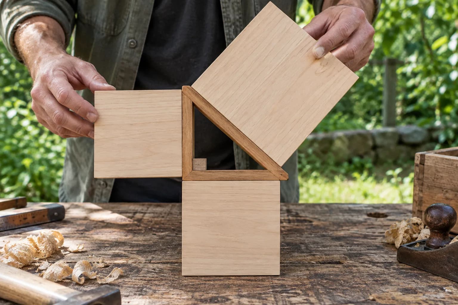 Manos adultas disponen piezas cuadradas de madera sin marcas junto a un marco triangular rectángulo