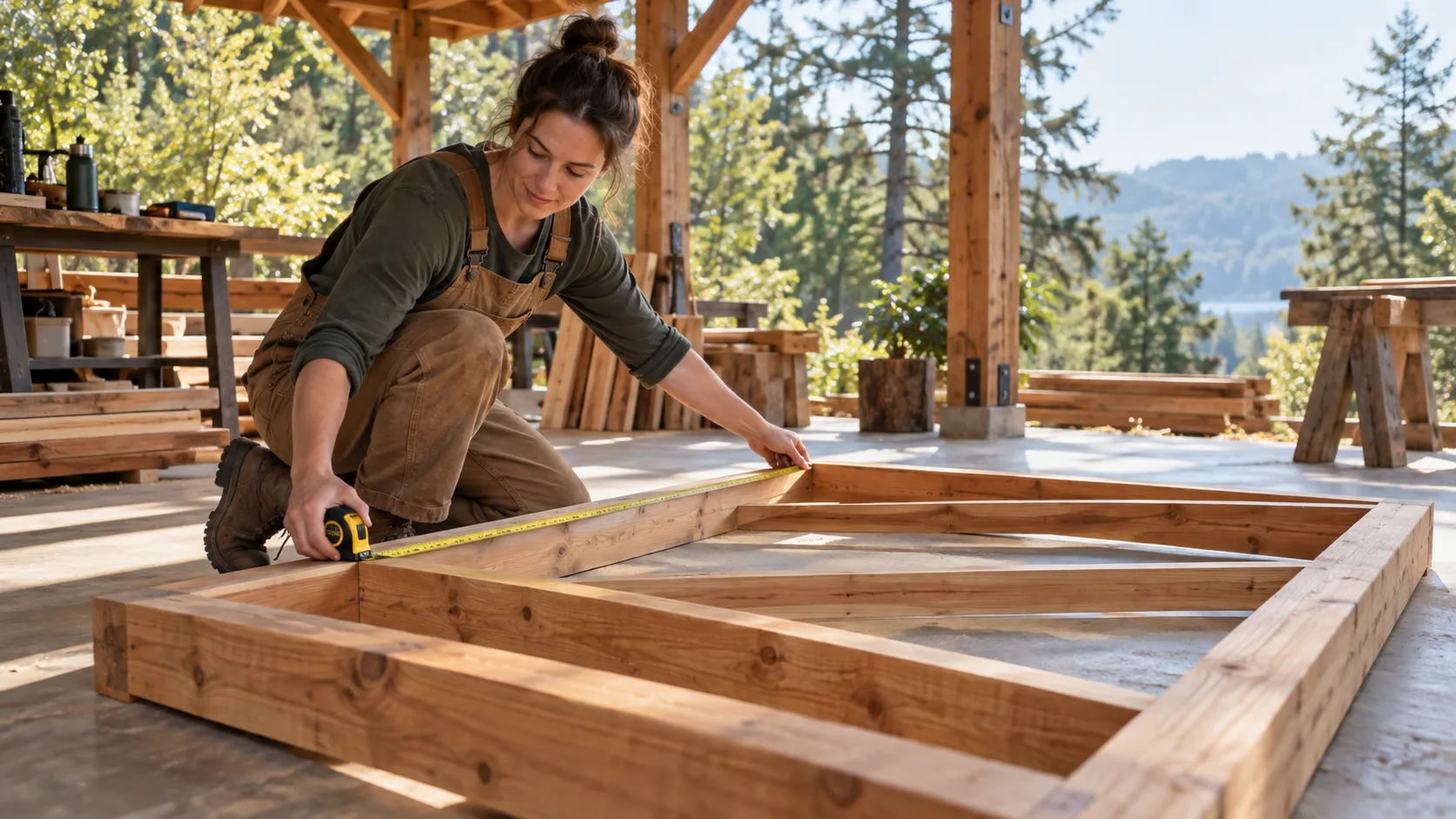 Adult woodworker measures the diagonal of a rectangular timber frame in a leafy open-air pavilion