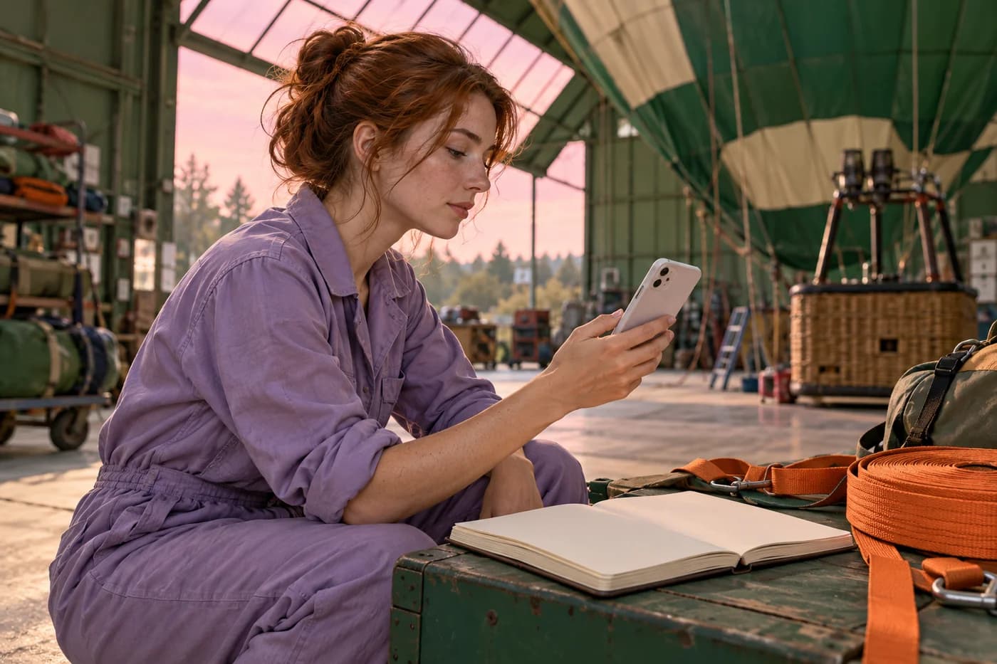 Mulher adulta ruiva segurando um celular ao lado de um caderno aberto completo e cintas laranjas com a tela escondida