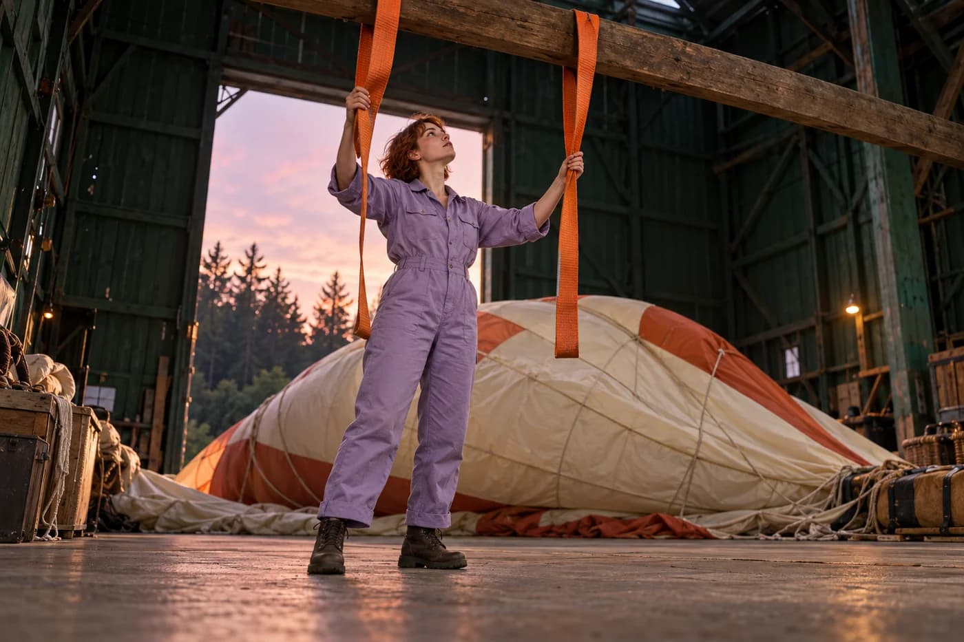 Mulher adulta ruiva com roupa de trabalho lilás levantando cintas laranjas em um alto hangar verde de reparo de balões